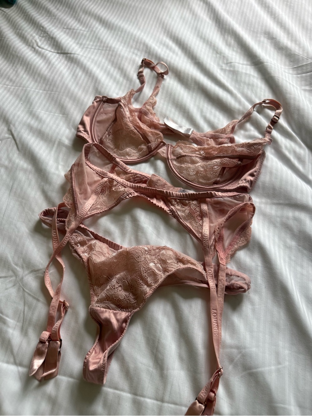 Sheer Lace Underwire Bra & Garter Set - Dusty Pink